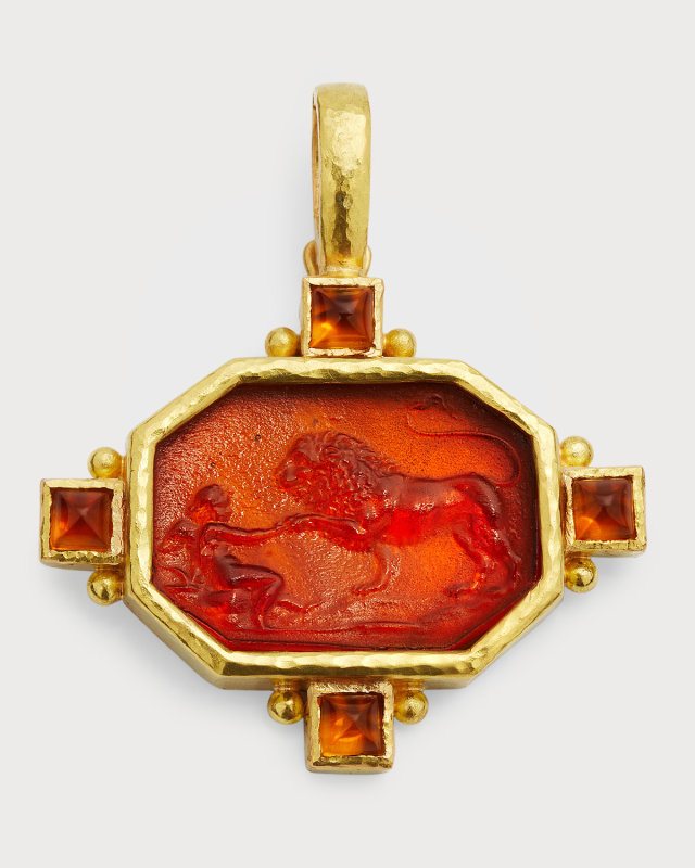 19K Yellow Gold Octagonal Androcles Pendant with Square Stones, 30x39mm